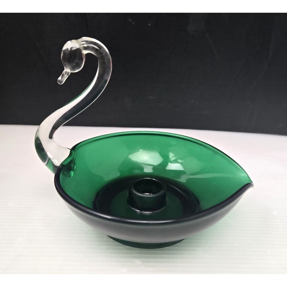 Vintage Duncan Miller Emerald Green Glass Swan Candle Holder Taper Candlestick
